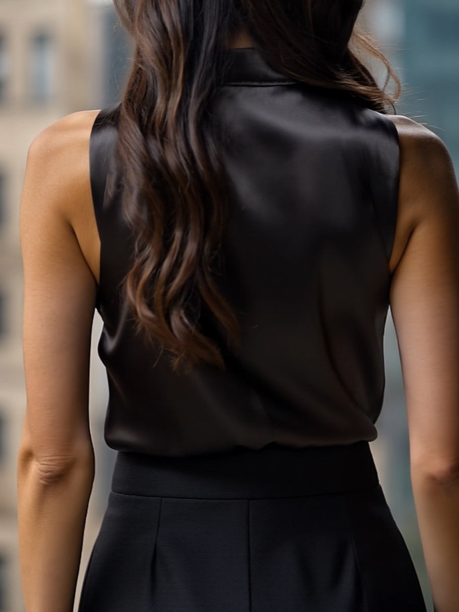 Blusa satinada sin mangas de cuello alto