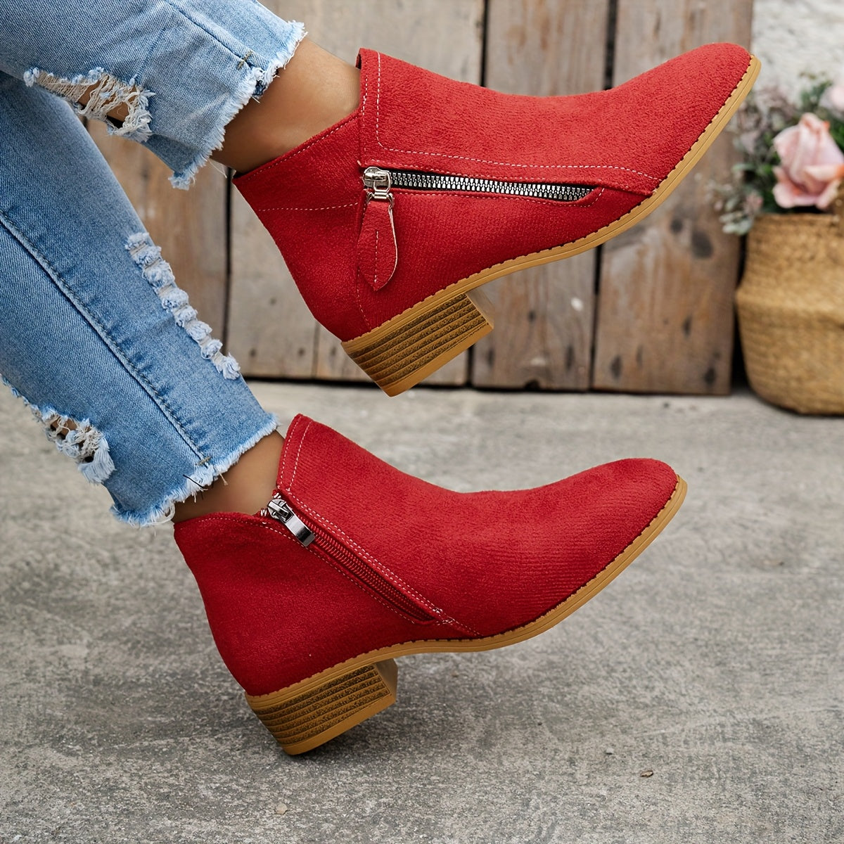 Botines casual de tacón bajo con cremallera lateral
