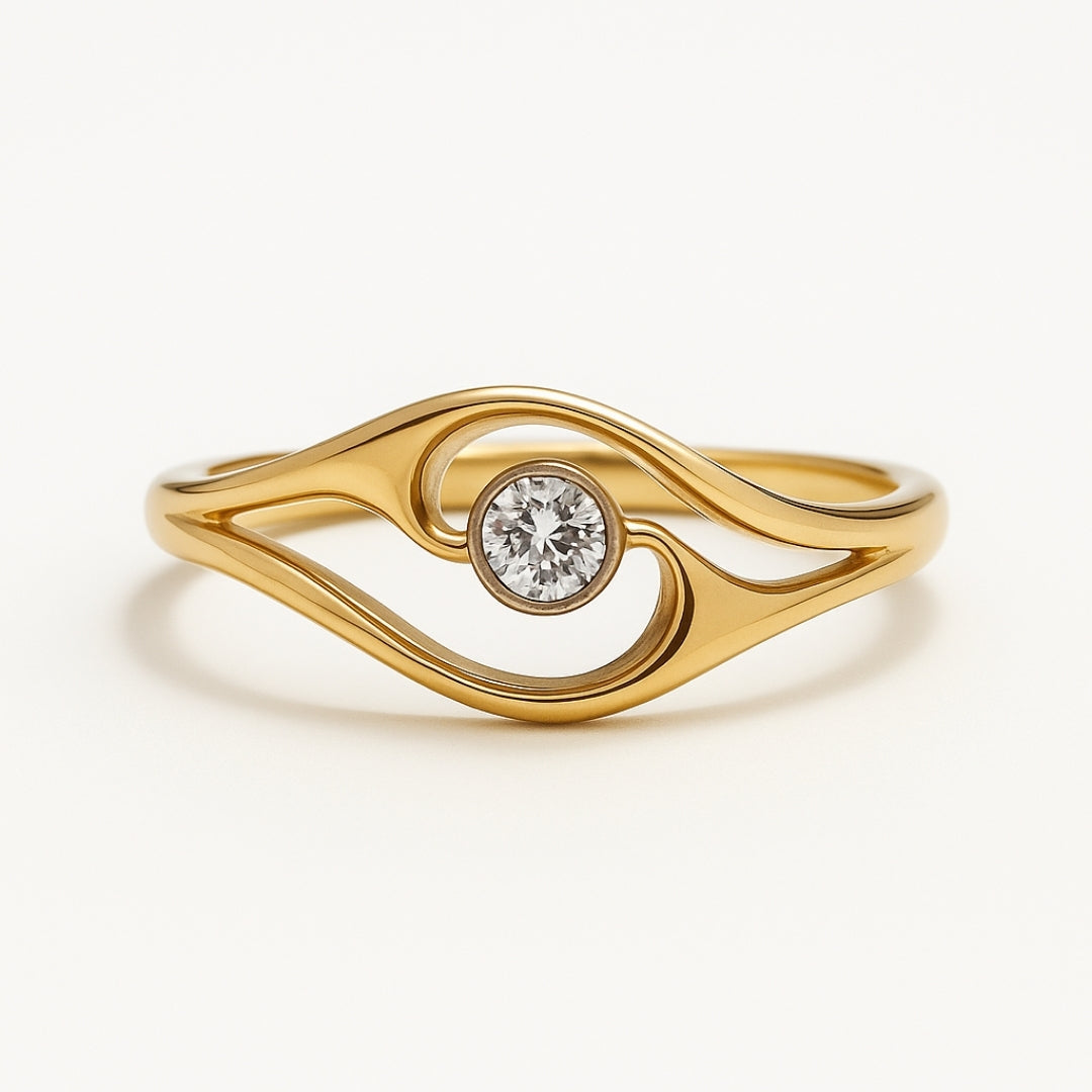 Anillo dorado diseño ojo con circonita central