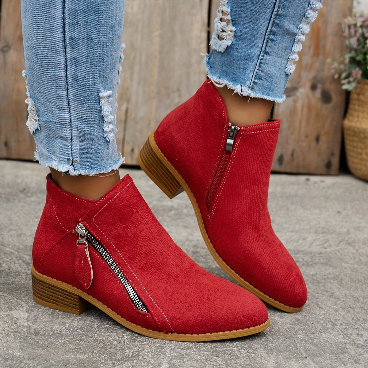 Botines casual de tacón bajo con cremallera lateral