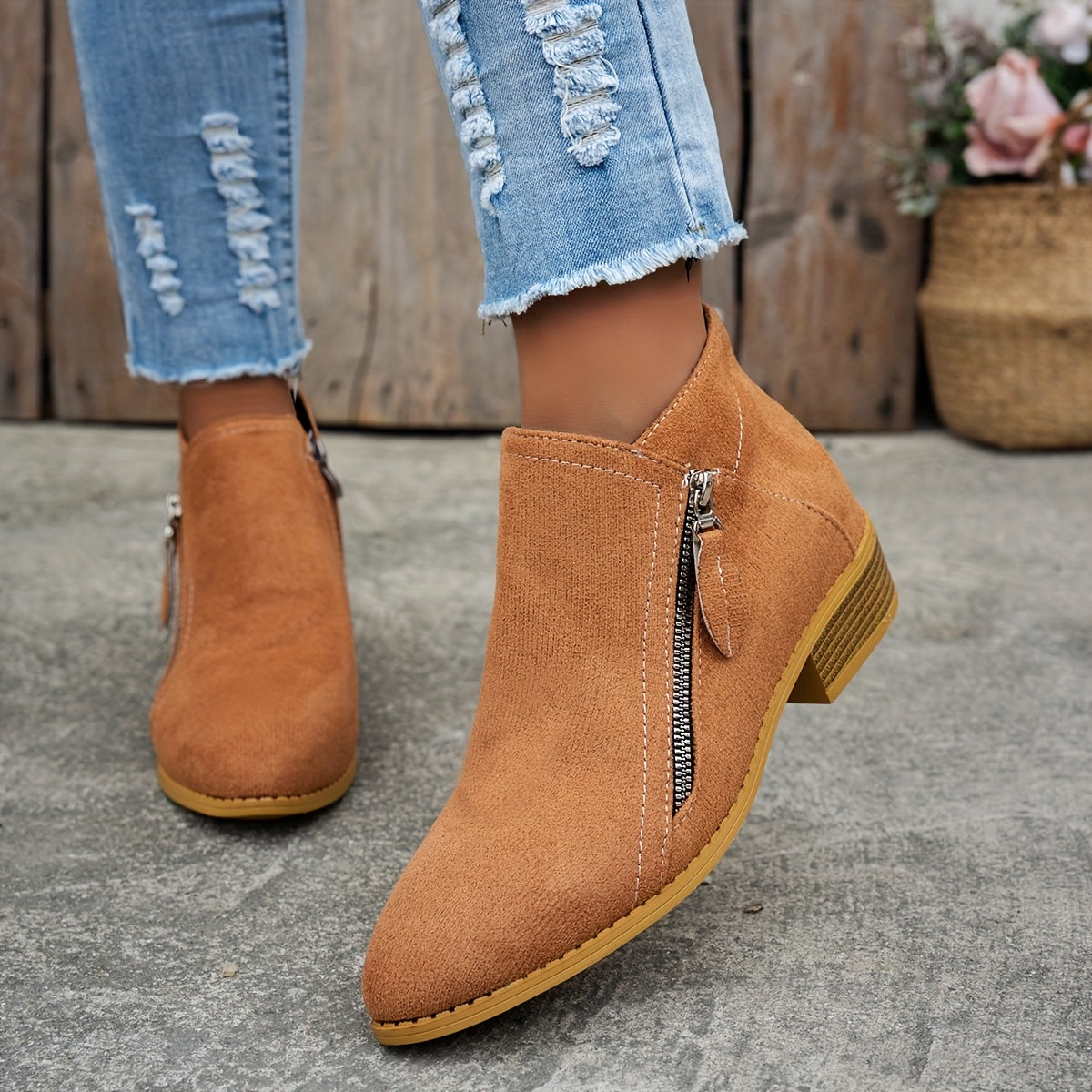Botines casual de tacón bajo con cremallera lateral