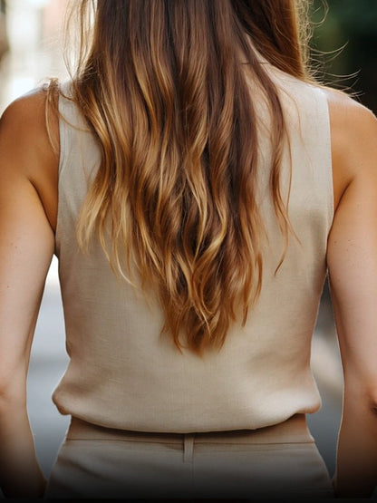 Blusa sin mangas de lino y algodón con cuello alto