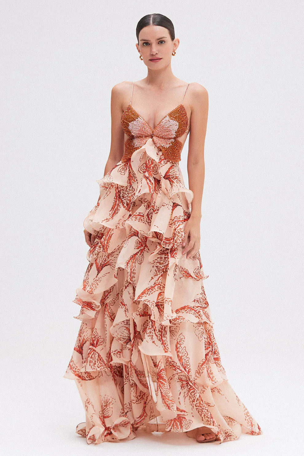 Nahia | Vestido largo con volantes y escote halter estampado