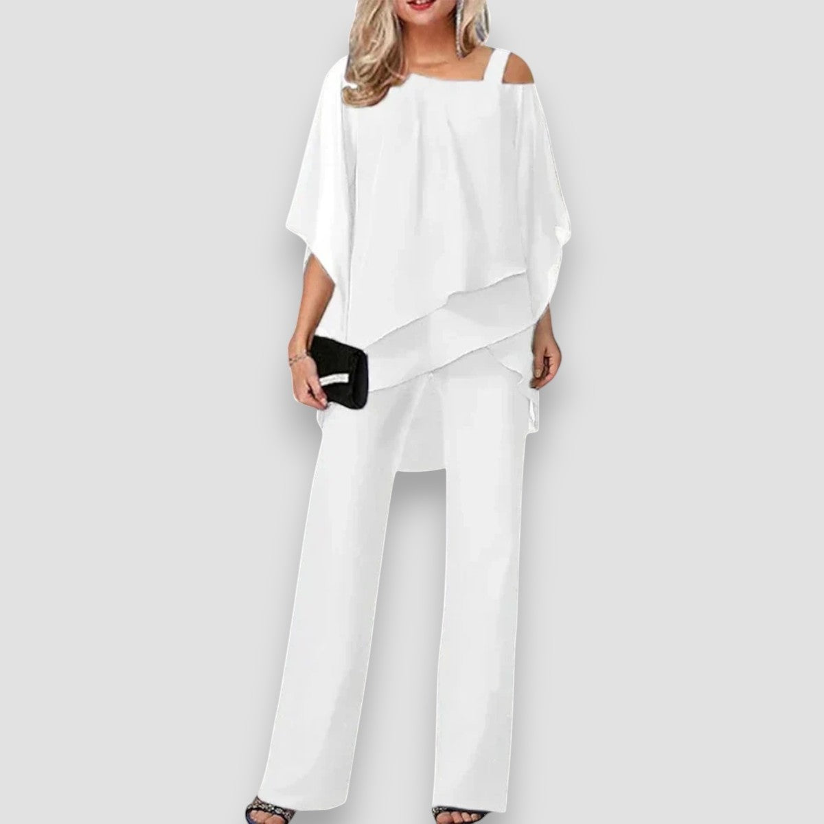 Conjunto elegante con top off-shoulder y pantalón amplio