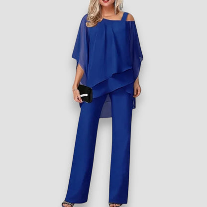 Conjunto elegante con top off-shoulder y pantalón amplio