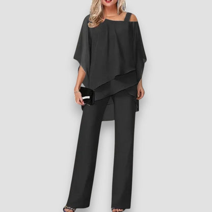 Conjunto elegante con top off-shoulder y pantalón amplio