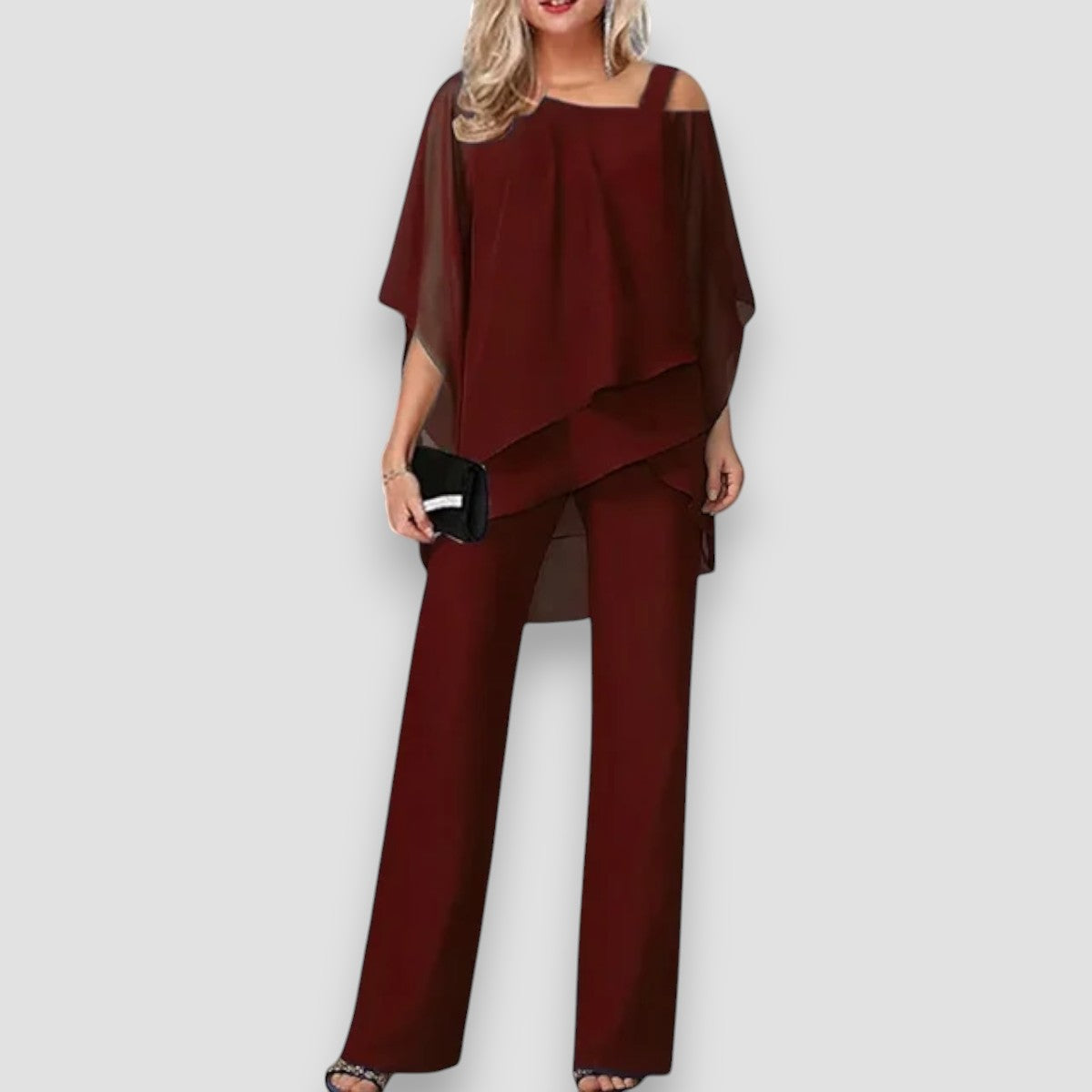 Conjunto elegante con top off-shoulder y pantalón amplio
