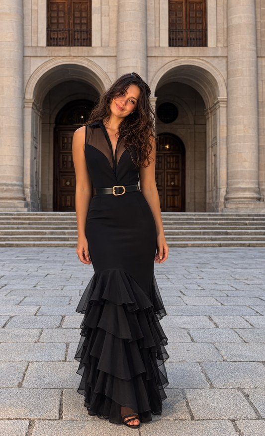 Vestido largo sin mangas con cinturón