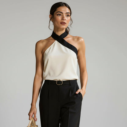 Blusa asimétrica sin mangas con detalle en contraste