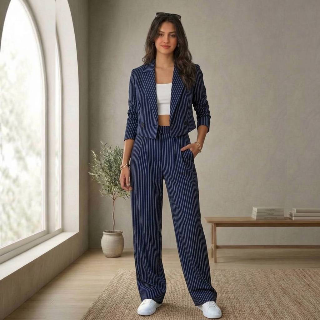 Conjunto de rayas con chaqueta corta y pantalón amplio