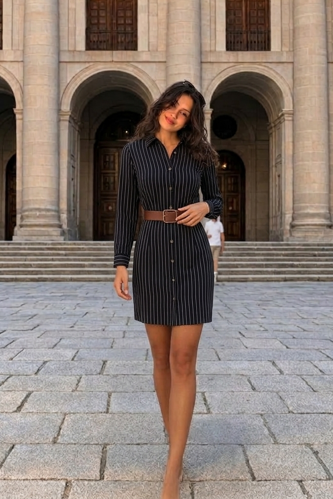 Vestido camisero midi con rayas finas