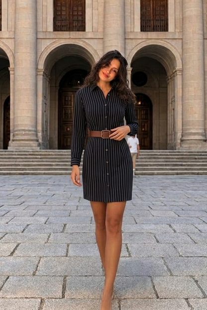 Vestido camisero midi con rayas finas