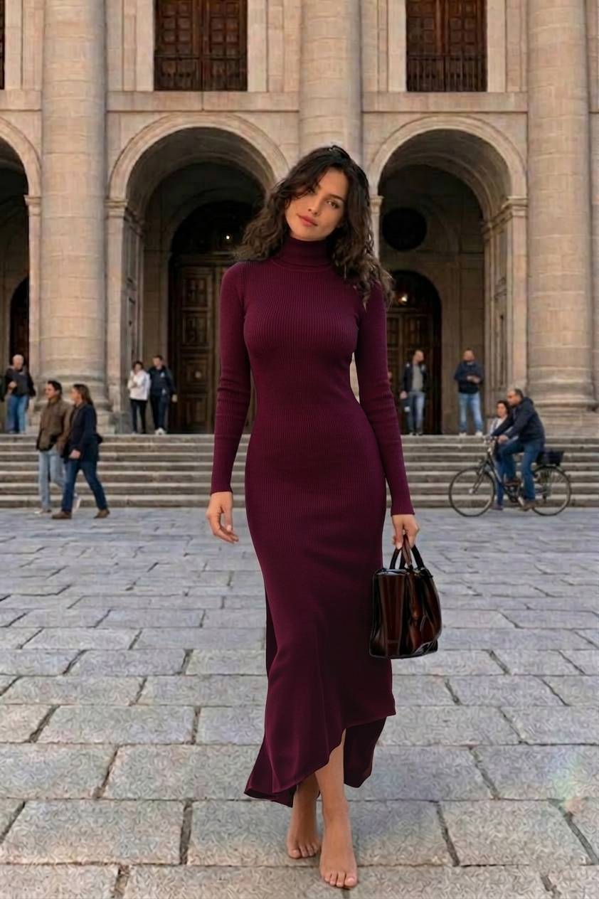 Vestido largo ajustado de manga larga con cuello alto