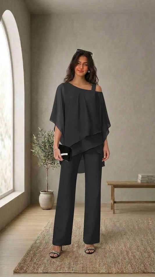 Conjunto elegante con top off-shoulder y pantalón amplio
