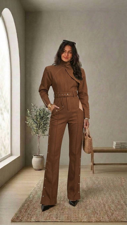 Conjunto de dos piezas con chaqueta cropped y pantalón de tiro alto