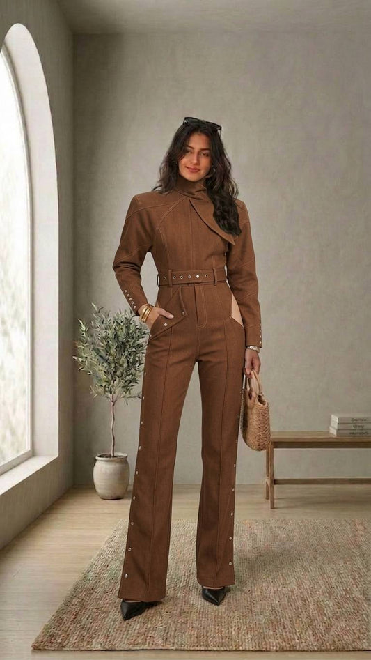 Conjunto de dos piezas con chaqueta cropped y pantalón de tiro alto