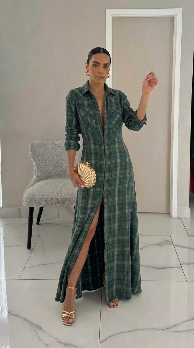 AMELIA | Vestido largo camisero con estampado de cuadros