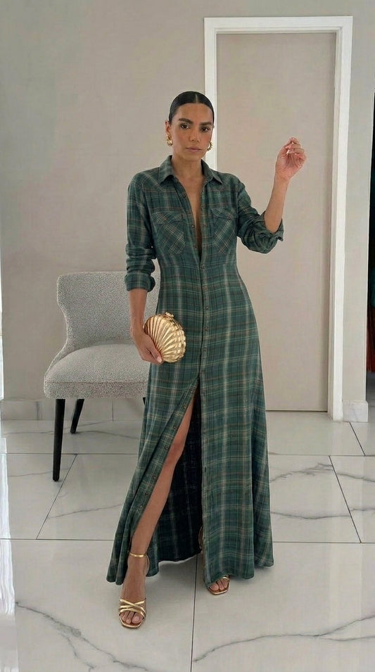 AMELIA | Vestido largo camisero con estampado de cuadros