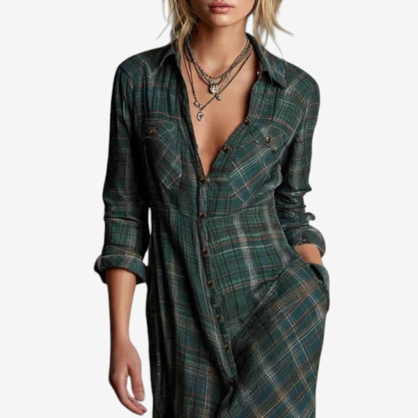 AMELIA | Vestido largo camisero con estampado de cuadros