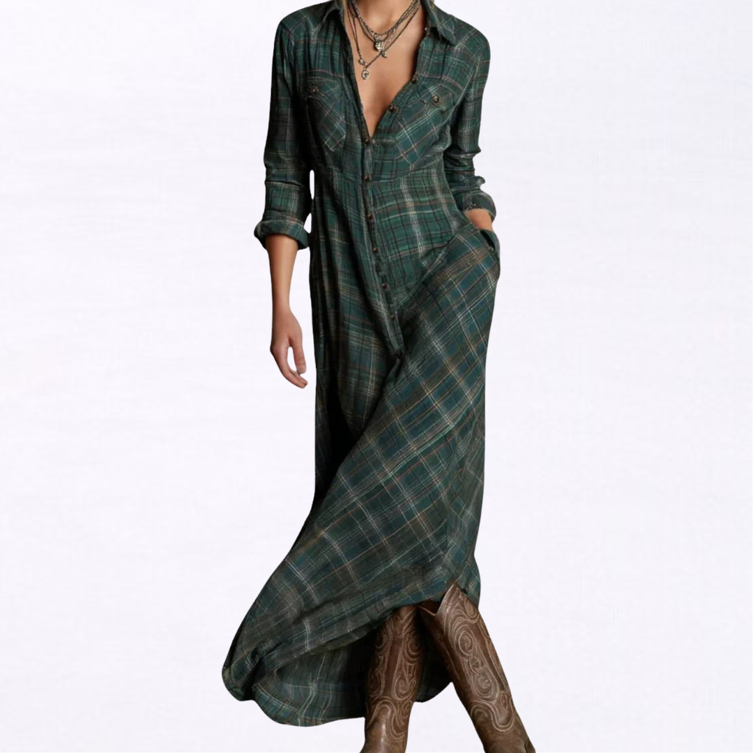 AMELIA | Vestido largo camisero con estampado de cuadros