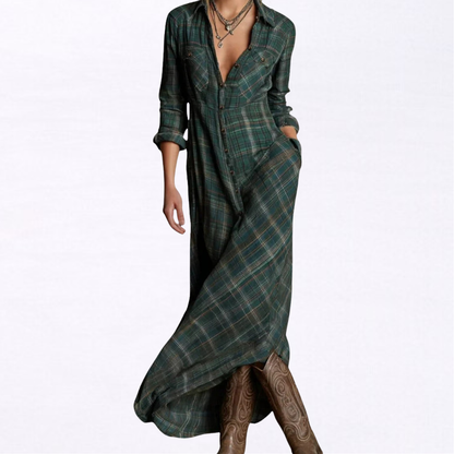 AMELIA | Vestido largo camisero con estampado de cuadros