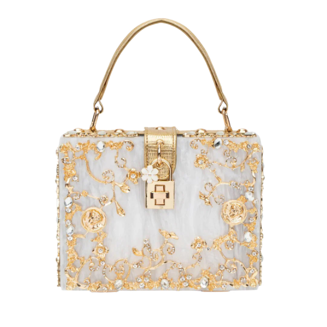Bolso rígido tipo box con detalles florales