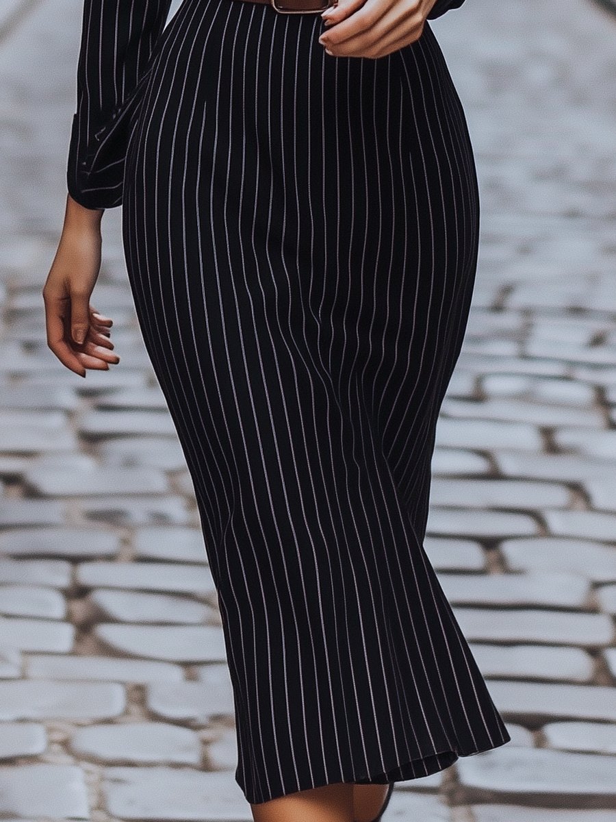 Vestido camisero midi con rayas finas