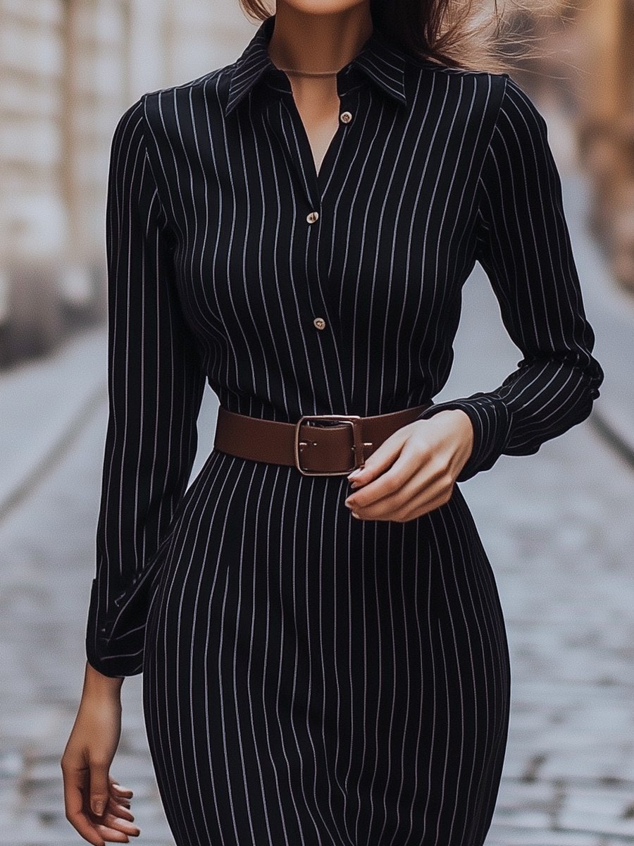 Vestido camisero midi con rayas finas